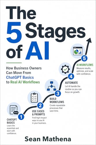 Cover of The 5 Stages of AI: How Business Owners Can Move From ChatGPT Basics to Real AI Workflows, by Sean Mathena